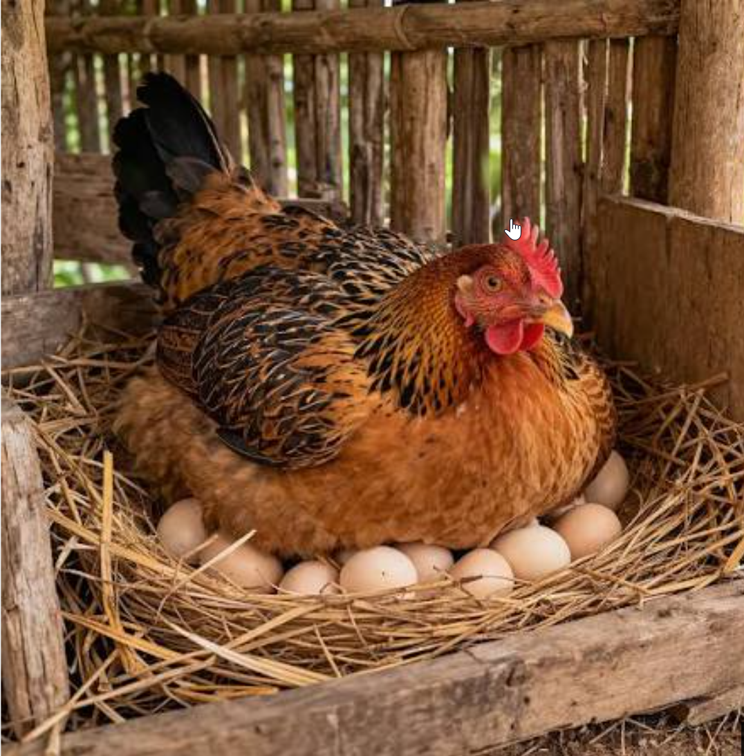 Broody hen sitting on eggs