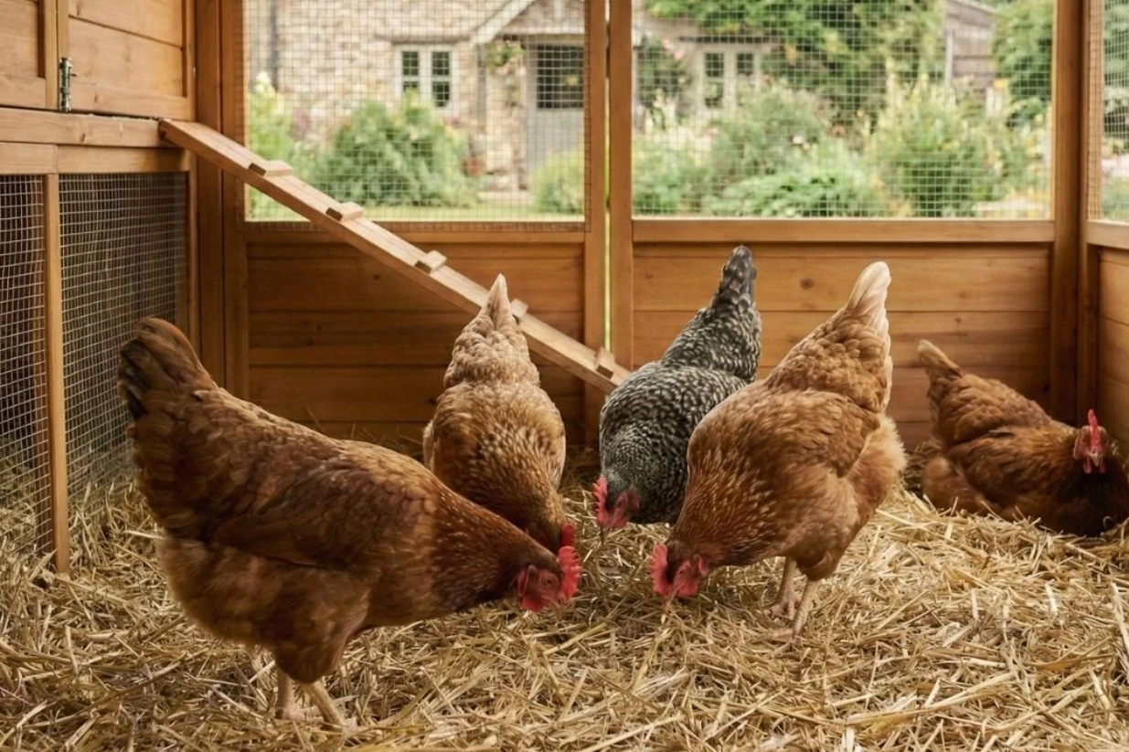 chicken coop with bedding Chicken coop with clean bedding